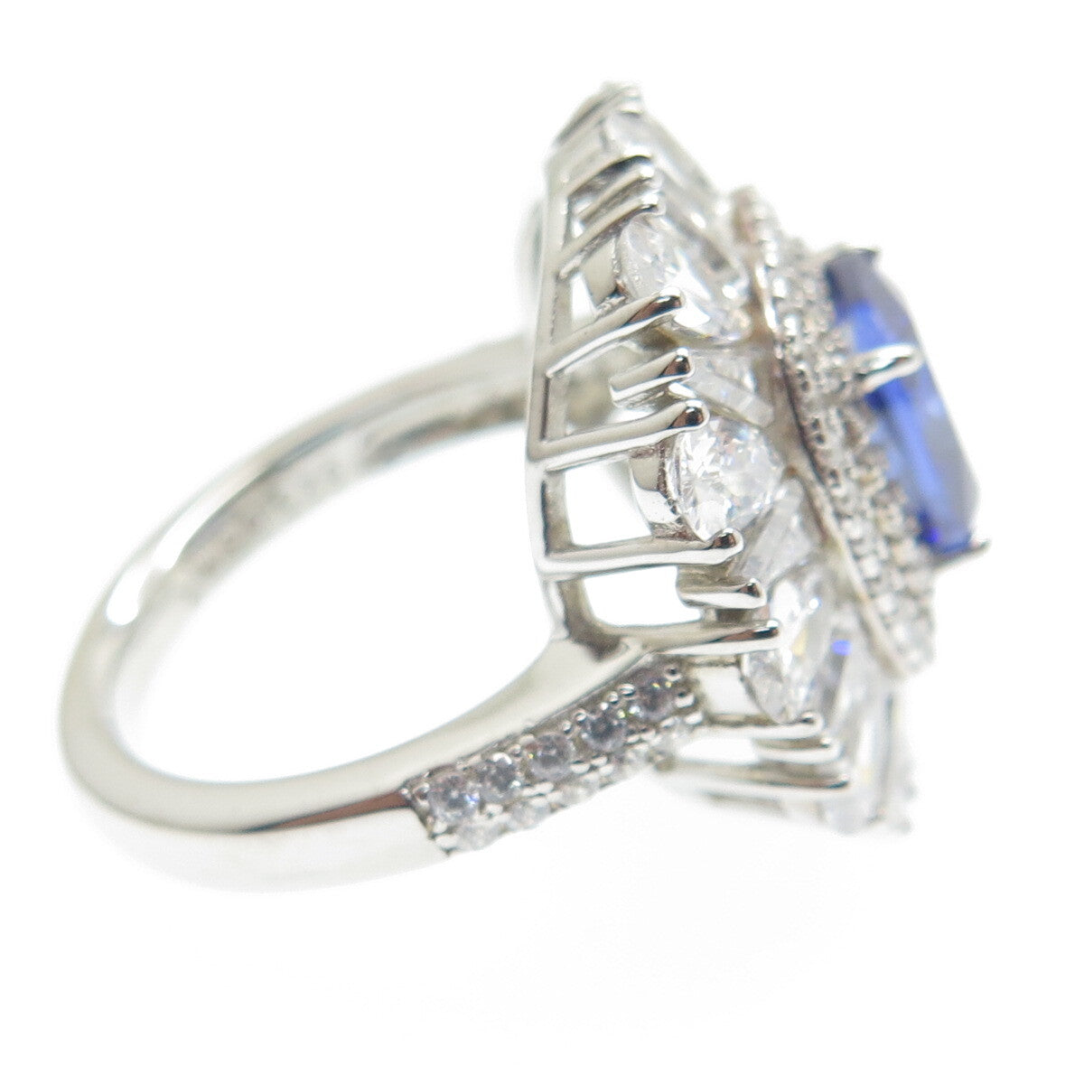 DSMK 925 Sterling Silver White & Blue Multi-C Z Cluster Wide Ring Size 7.25