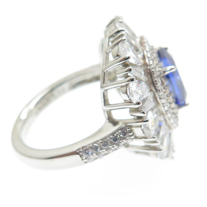 DSMK 925 Sterling Silver White & Blue Multi-C Z Cluster Wide Ring Size 7.25