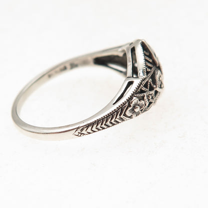 925 Sterling Silver Vintage Real Diamond & Sapphire Oxidized Ring Size 8.25