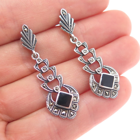 800 Silver Vintage European Real Black Onyx & Marcasite Dangle Earrings