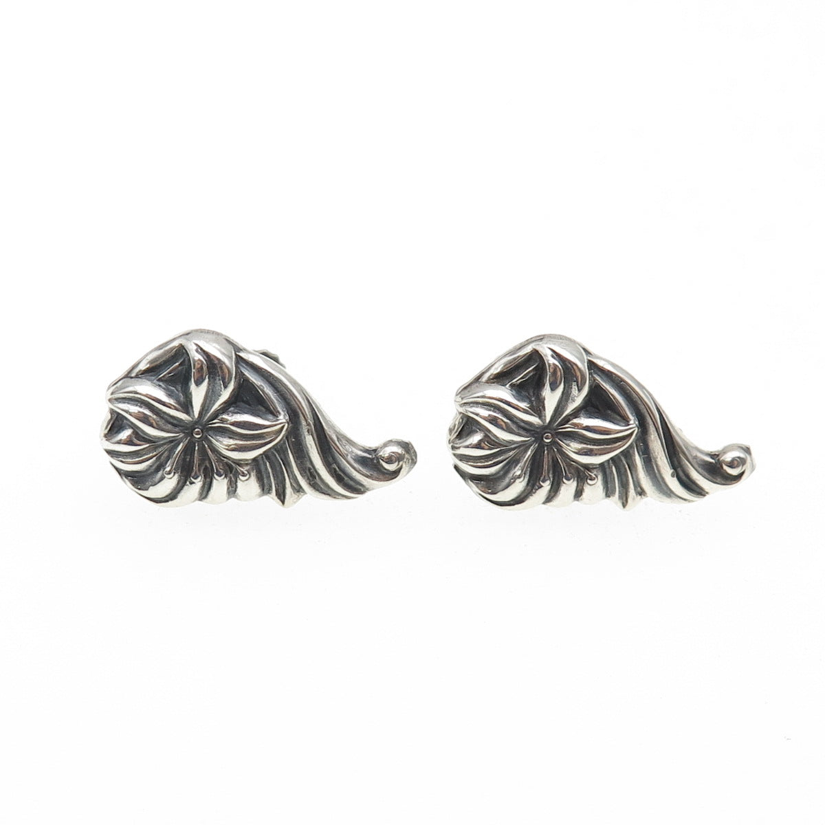 925 Sterling Antique Art Deco Lily Flower Repousse Oxidized Screw Back Earrings