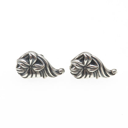 925 Sterling Antique Art Deco Lily Flower Repousse Oxidized Screw Back Earrings