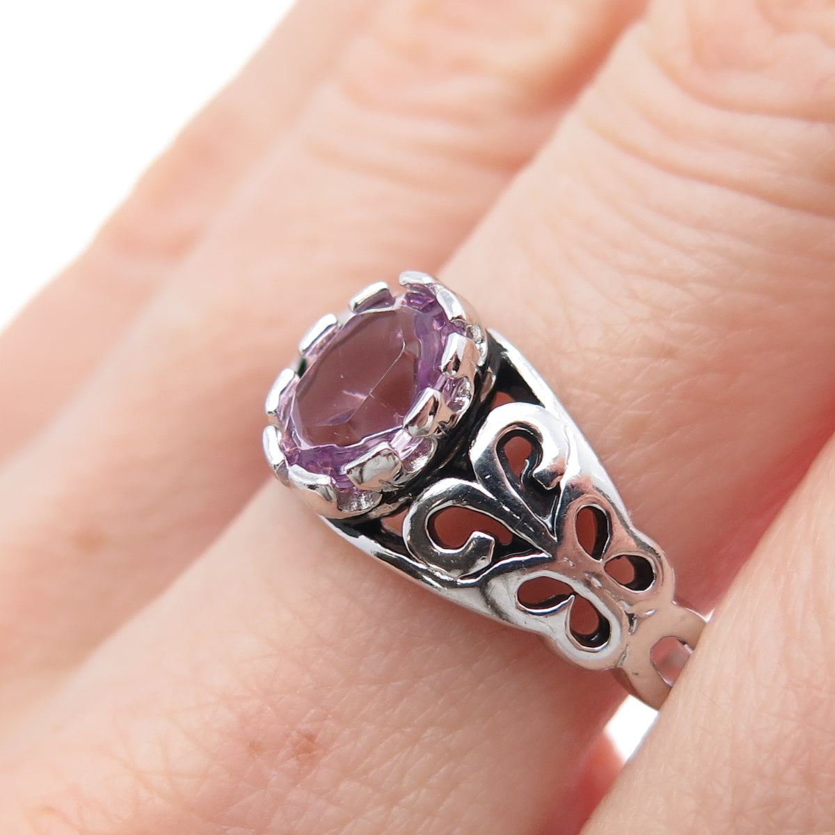SETA 925 Sterling Silver Vintage Real Oval-Cut Amethyst Butterfly Ring Size 10