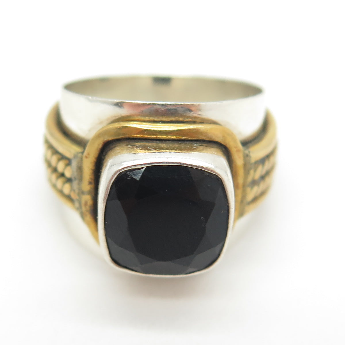 925 Sterling Silver 2-Tone Vintage Real Black Spinel Gemstone Ring Size 7.25