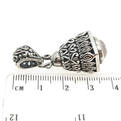 925 Sterling Silver Vintage Real Rose Quartz Modernist Ornate Pendant