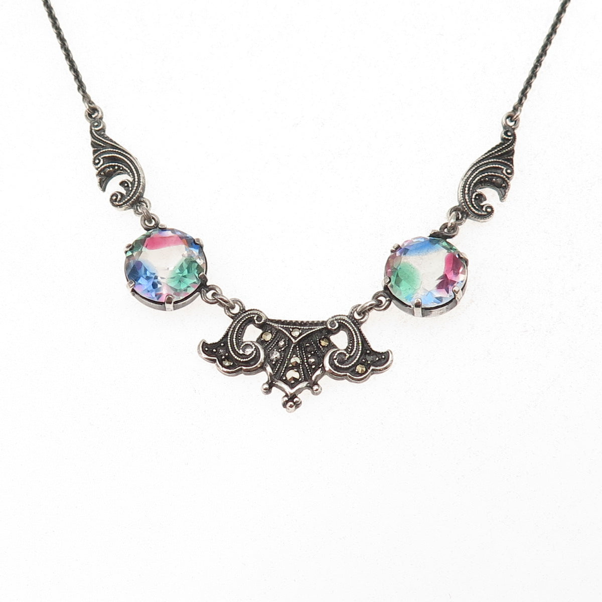 925 Sterling Silver Antique Art Deco Rainbow Rhinestone & Marcasite Necklace 16"