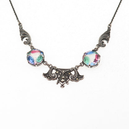 925 Sterling Silver Antique Art Deco Rainbow Rhinestone & Marcasite Necklace 16"