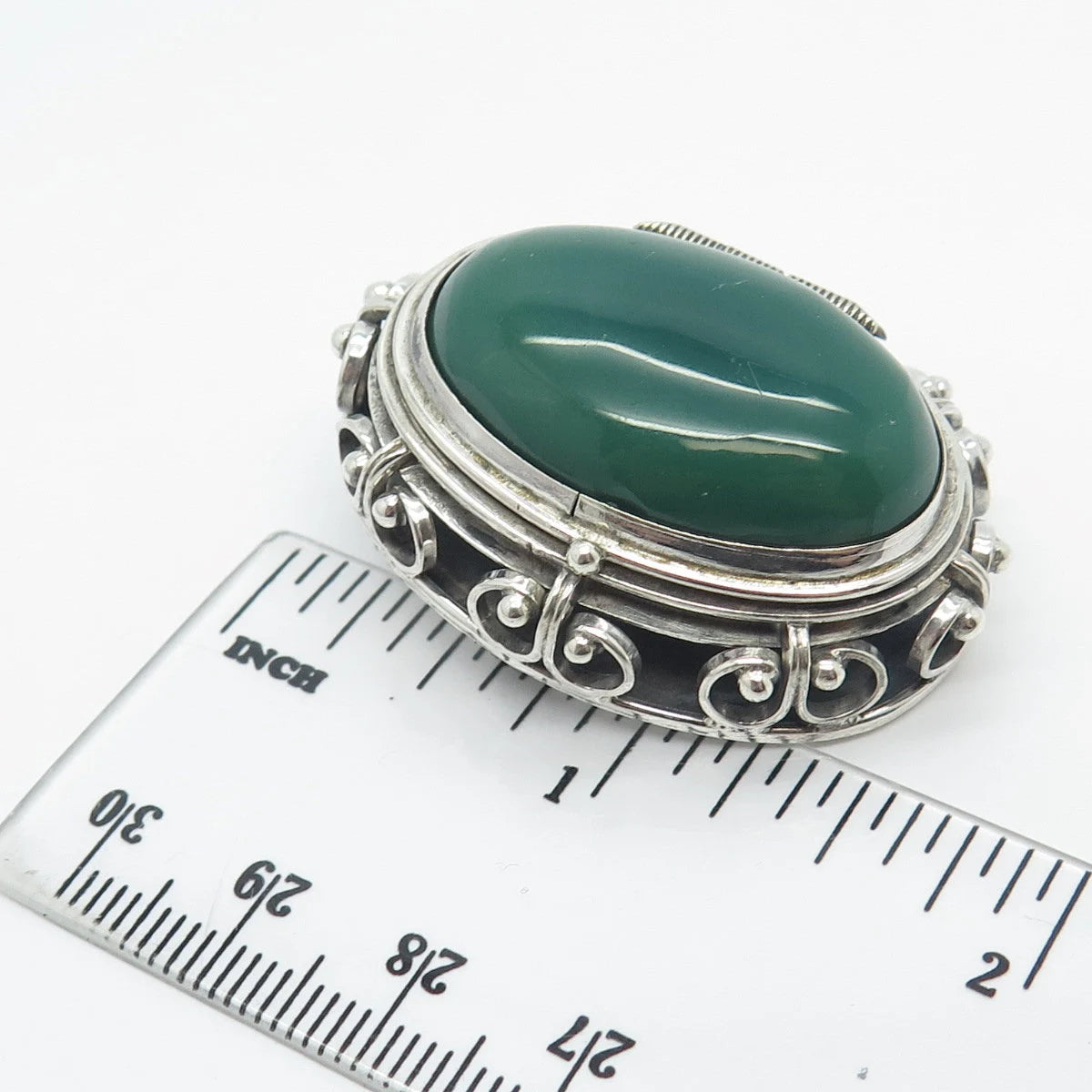 925 Sterling Silver Antique Mexico Real Green Onyx Gem Oval Locket Pin Brooch