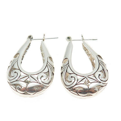 925 Sterling Silver Vintage Ornate Hinged Hoop Earrings