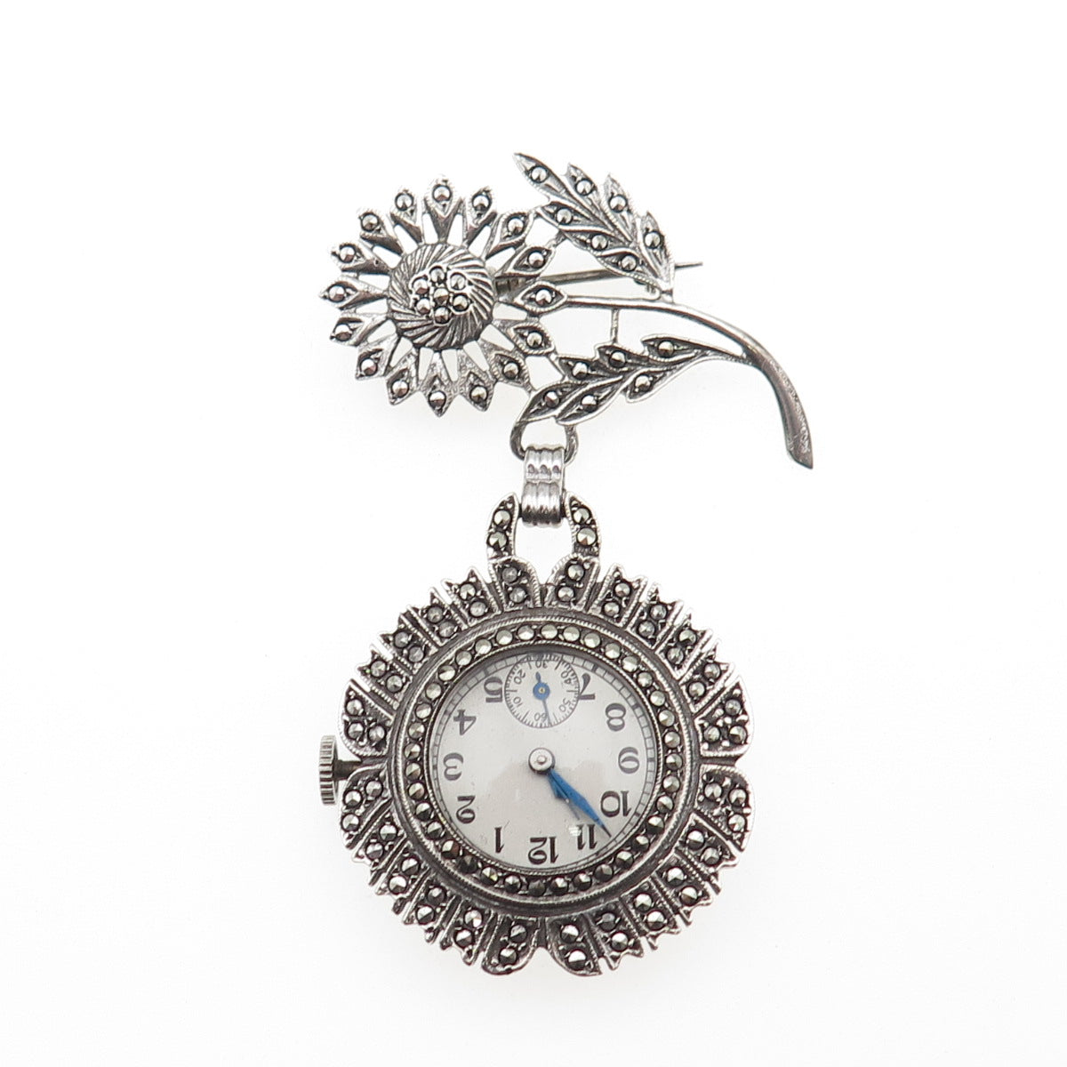 ROBOT CO 925 Sterling Antique Swiss Real Marcasite Flower 17 Jewels Watch Brooch