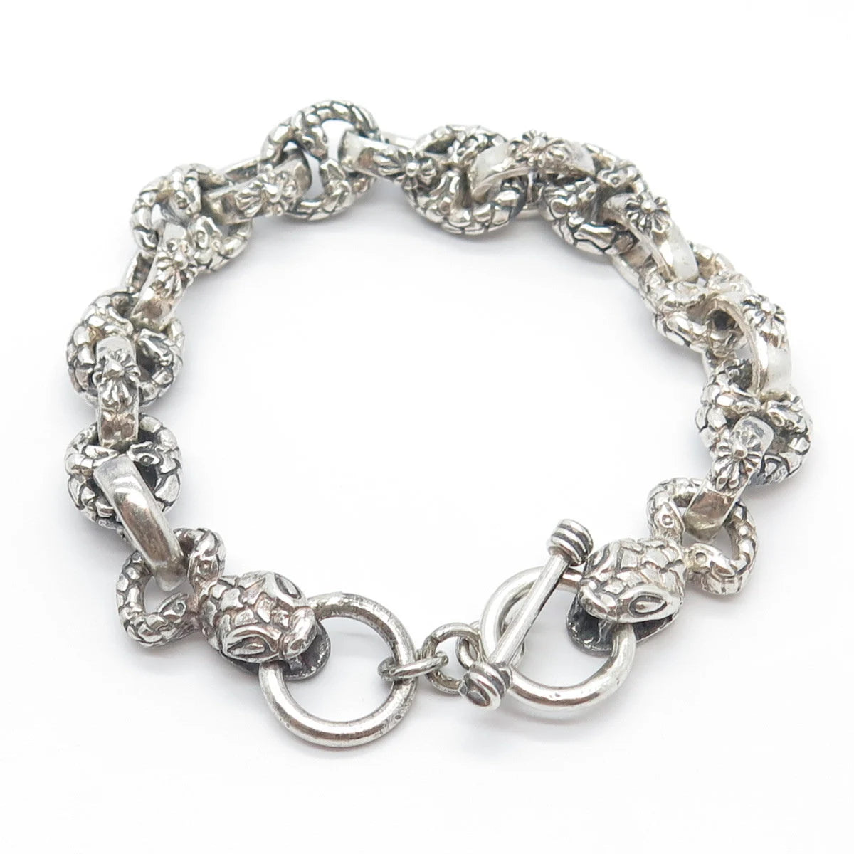 925 Sterling Silver Vintage Snake Head Ornate Rolo Link Bracelet 7.25"