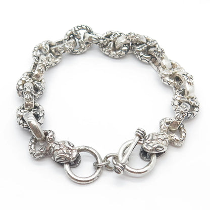 925 Sterling Silver Vintage Snake Head Ornate Rolo Link Bracelet 7.25"