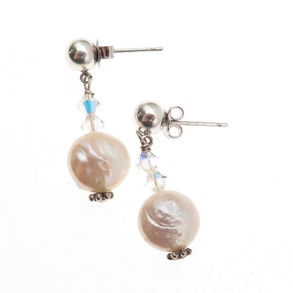 925 Sterling Silver Real Pearl & Crystal Dangle Earrings