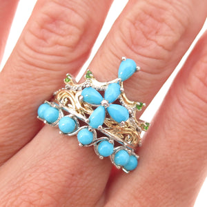 Chuck Clemency 925 Sterling 2-Tone Real Turquoise & Peridot Tiara Ring Size 8