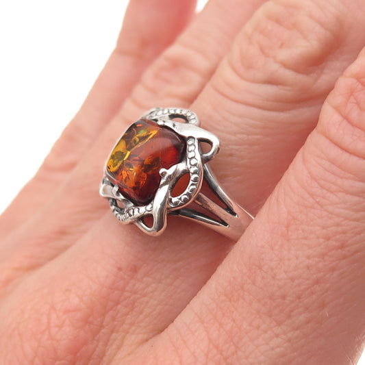 925 Sterling Silver Vintage Real Amber Modernist Floral Oxidized Ring Size 8.25