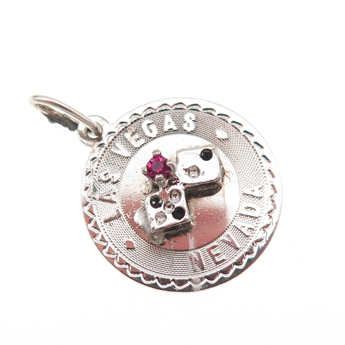 925 Sterling Silver Vintage Pink Rhinestone Las Vegas Lucky Dice Charm Pendant