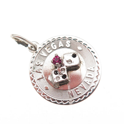 925 Sterling Silver Vintage Pink Rhinestone Las Vegas Lucky Dice Charm Pendant