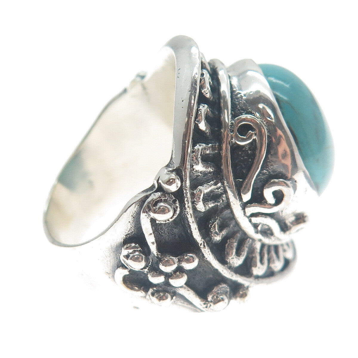 925 Sterling Silver Vintage Real Mountain Turquoise Sun Oxidized Ring Size 10.75