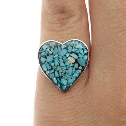 925 Sterling Silver Vintage Real Turquoise Inlay Heart Ring Size 5.25