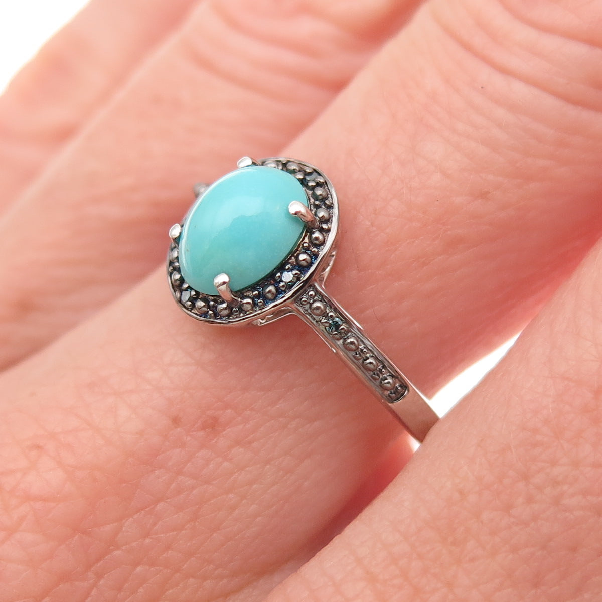 925 Sterling Silver Real Blue Diamond & Sleeping Beauty Turquoise Ring Size 8