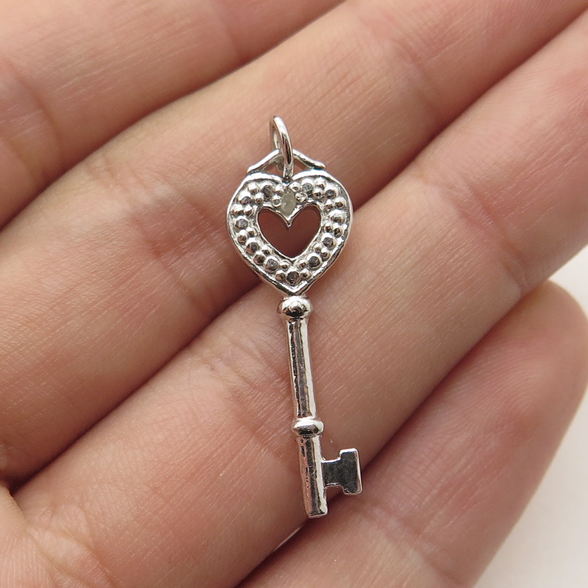 925 Sterling Silver Real Diamond Accent Heart Key Pendant