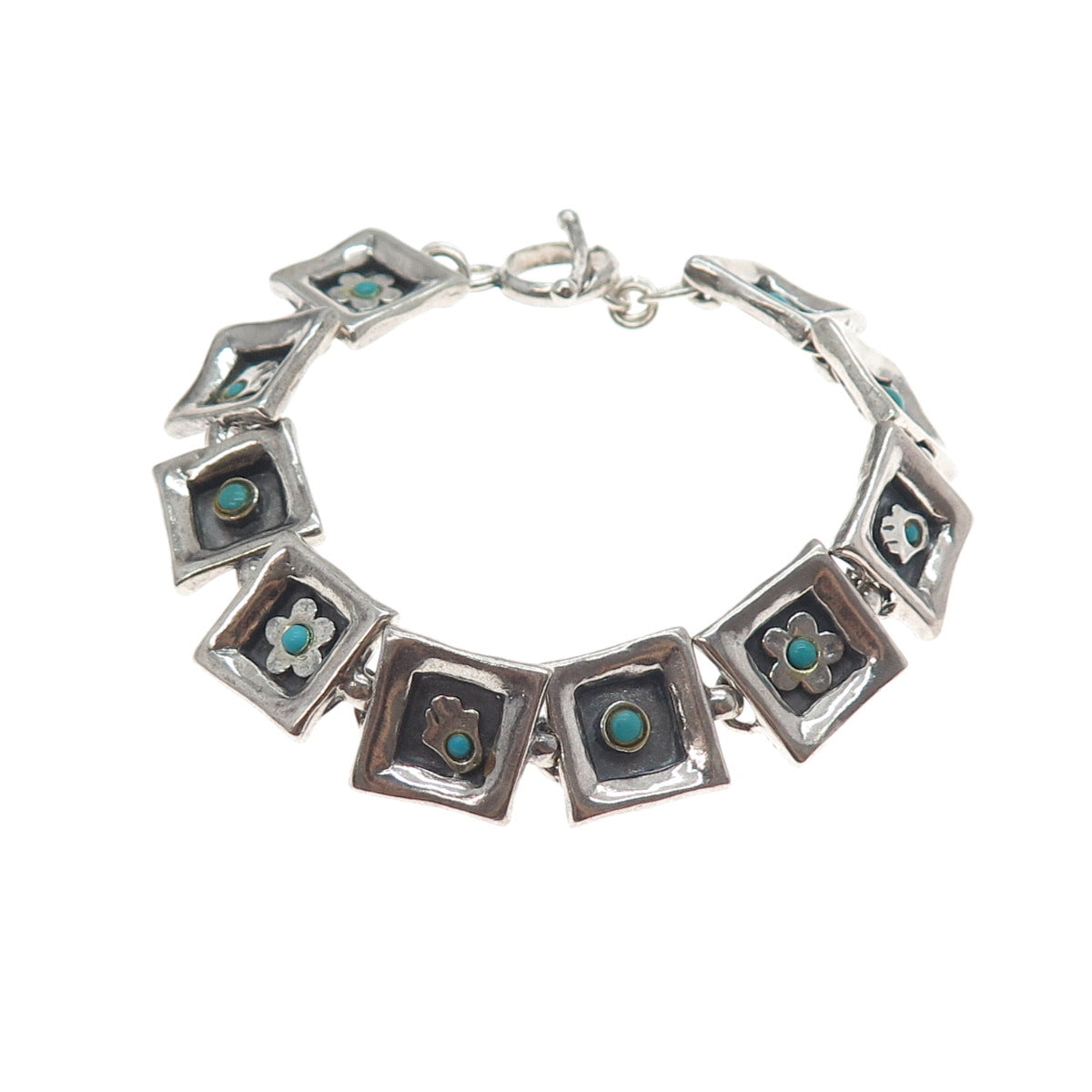 LIOR 925 Sterling Silver Vintage Real Turquoise Hamsa & Flower Bracelet 7.25"