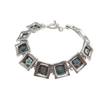 LIOR 925 Sterling Silver Vintage Real Turquoise Hamsa & Flower Bracelet 7.25"