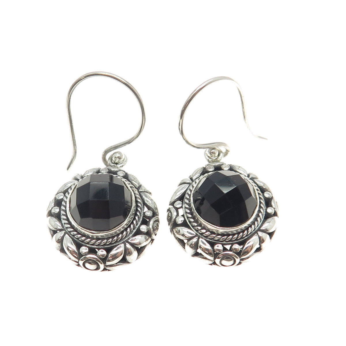 925 Sterling Silver Vintage Real Black Spinel Ornate Floral Dangling Earrings