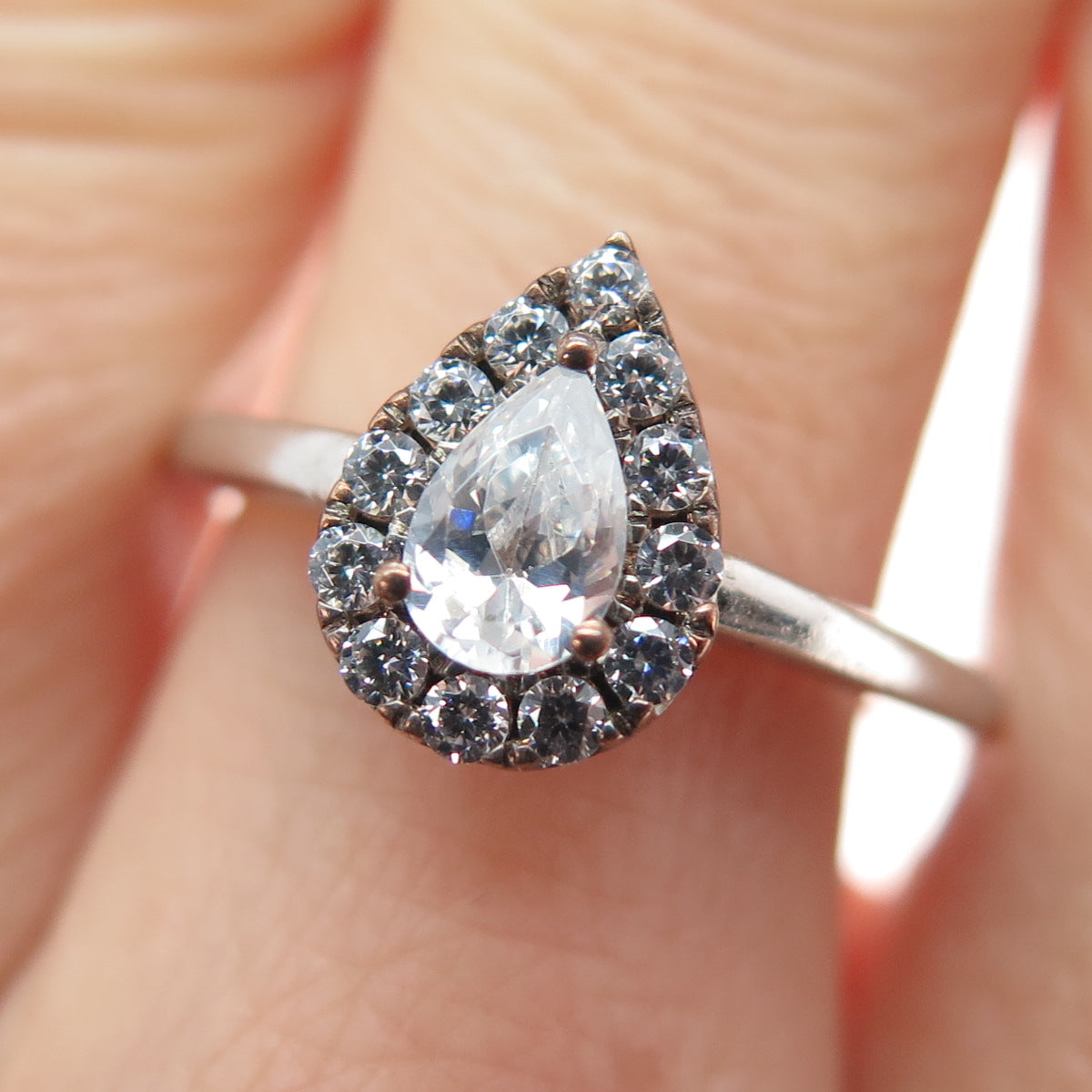 925 Sterling Silver 2-Tone Pear & Round-Cut C Z Promise Ring Size 7