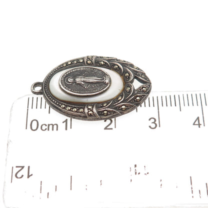 925 Sterling Silver Antique Art Deco Real MOP & Marcasite St. Mary Charm Pendant