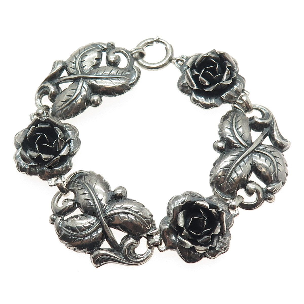 925 Sterling Silver Antique Art Deco Rose Flower Oxidized Bracelet 7.25"