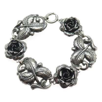 925 Sterling Silver Antique Art Deco Rose Flower Oxidized Bracelet 7.25"