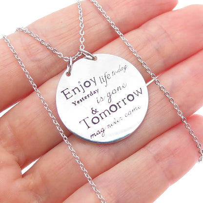HAN 925 Sterling Silver Enjoy Life Today Round Tag Cable Chain Necklace 18"