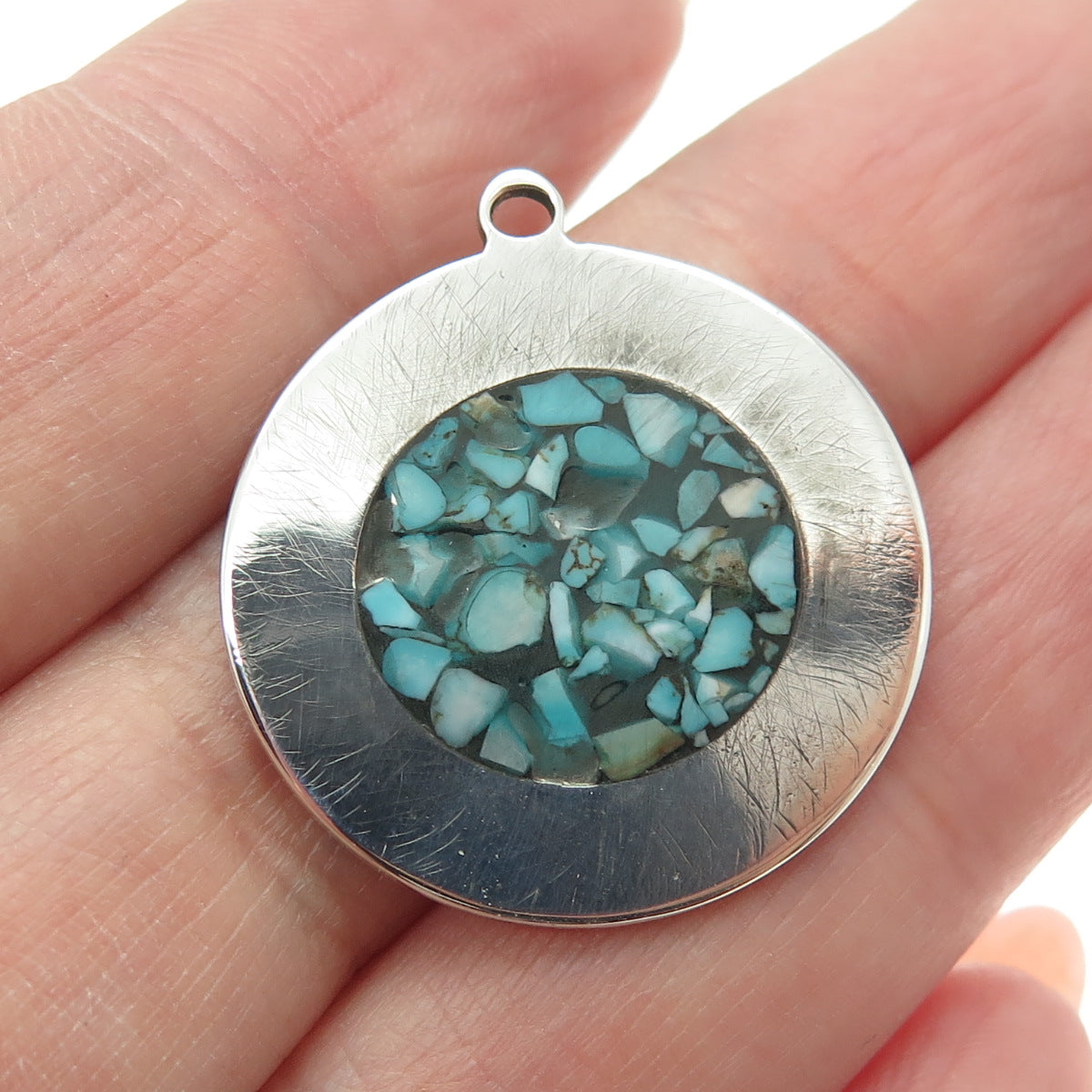 925 Sterling Silver Vintage Real Turquoise Inlay Round Pendant