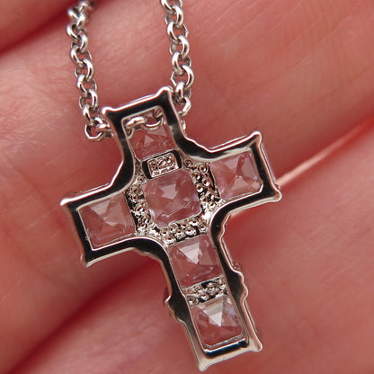 925 Sterling Silver Italy Asscher-Cut C Z Cross Rolo Chain Necklace 16"