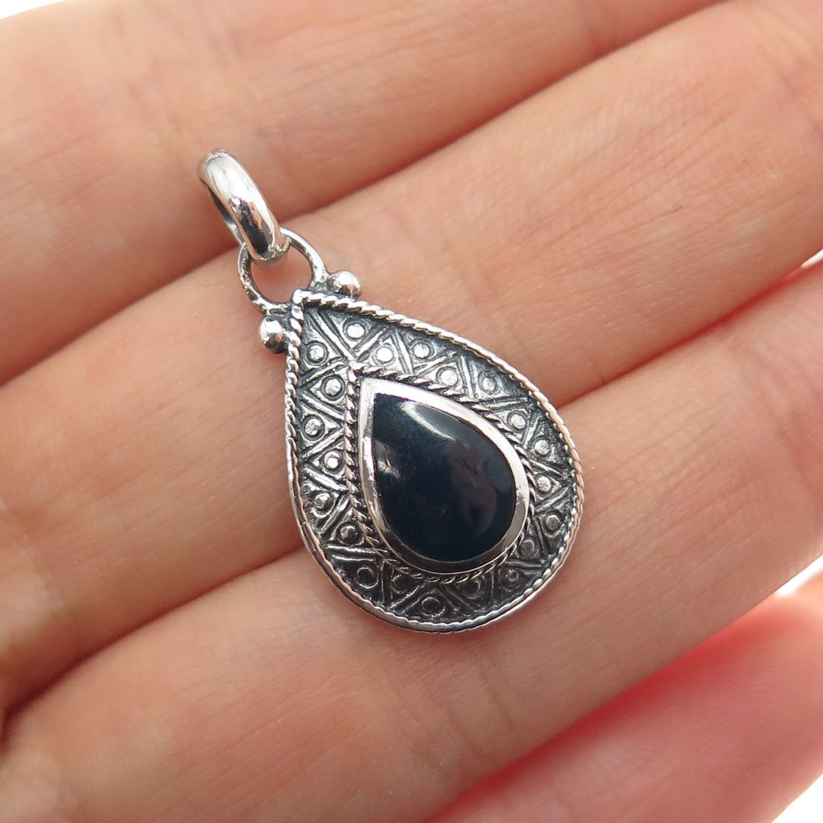 925 Sterling Silver Vintage Blue Enamel Teardrop Oxidized Charm Pendant