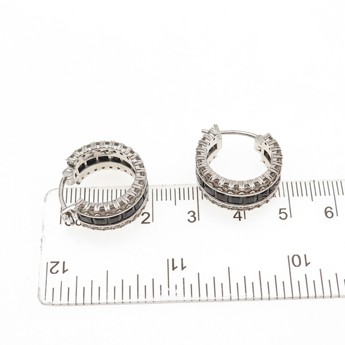 925 Sterling Silver Real Black Spinel & White Topaz Hoop Earrings