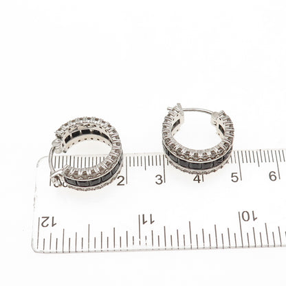 925 Sterling Silver Real Black Spinel & White Topaz Hoop Earrings