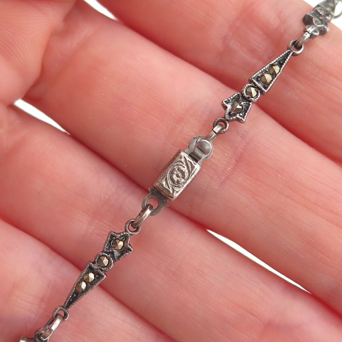 925 Sterling Antique Rhinestone & Marcasite Chain Necklace 16" (missing 1 stone)