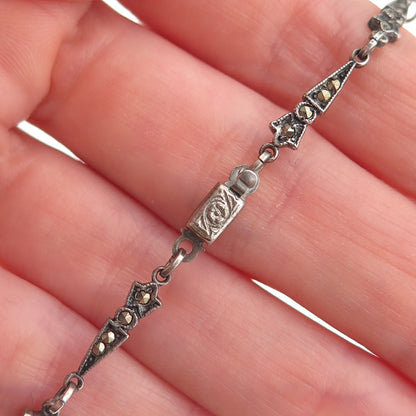 925 Sterling Antique Rhinestone & Marcasite Chain Necklace 16" (missing 1 stone)