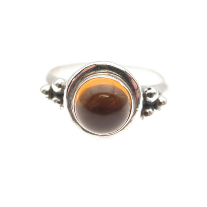 925 Sterling Silver Vintage Real Amber Beaded Oxidized Ring Size 6