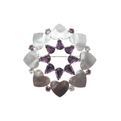 CARL ART 925 Sterling Silver Vintage Purple Rhinestone Heart Flower Pin Brooch