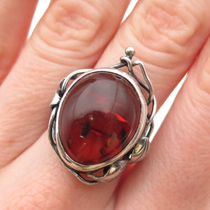 800 Silver Vintage Poland Real Amber Modernist Oxidized Ring Size 7.5