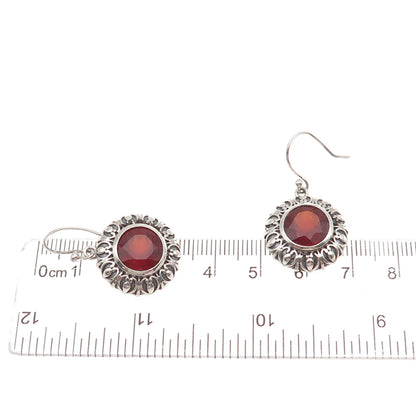 925 Sterling Silver Vintage Real Carnelian Floral Oxidized Dangle Earrings