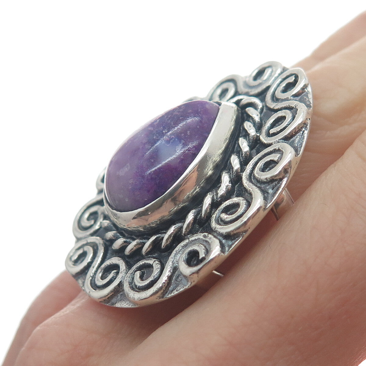 925 Sterling Silver Vintage Real Pear-Cut Charoite Spiral Oxidized Ring Size 8
