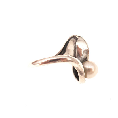 925 Sterling Silver Vintage Real Pearl & Hematite Modernist Ring Size 4.75