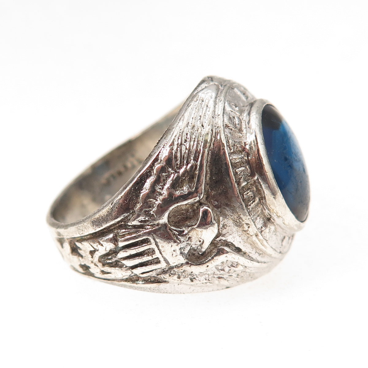 925 Sterling Silver Antique WWII Blue Glass US Navy Ring Size 8.75
