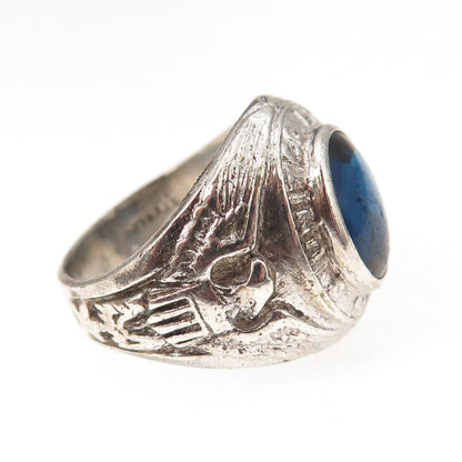 925 Sterling Silver Antique WWII Blue Glass US Navy Ring Size 8.75