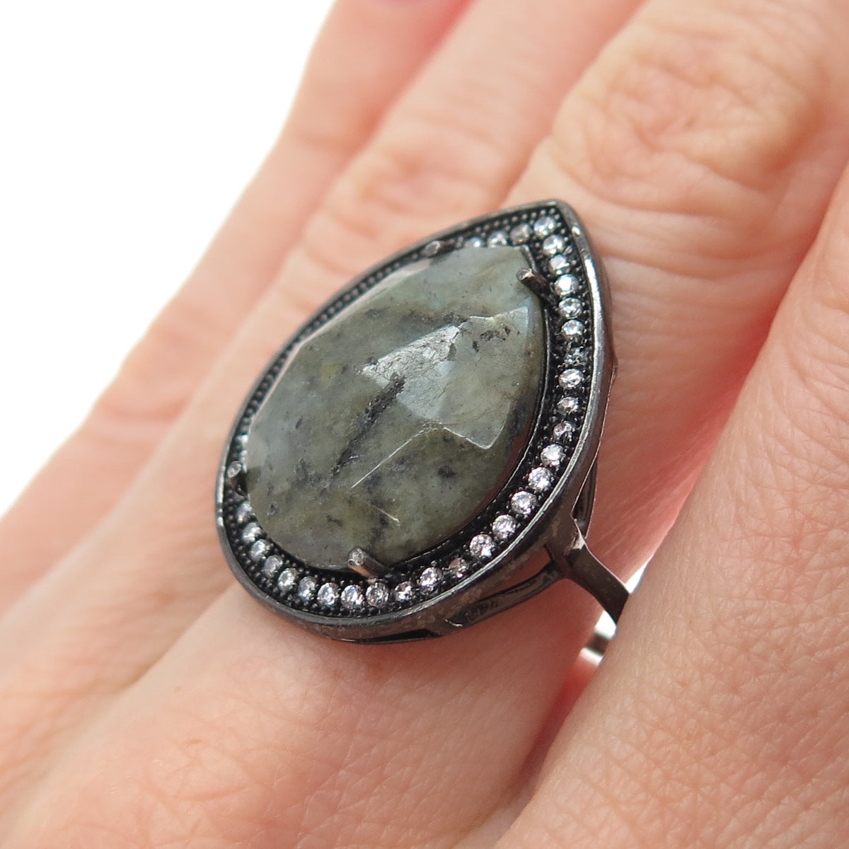 925 Sterling Silver Black Rhodium Real Labradorite & C Z Teardrop Ring Size 9.25