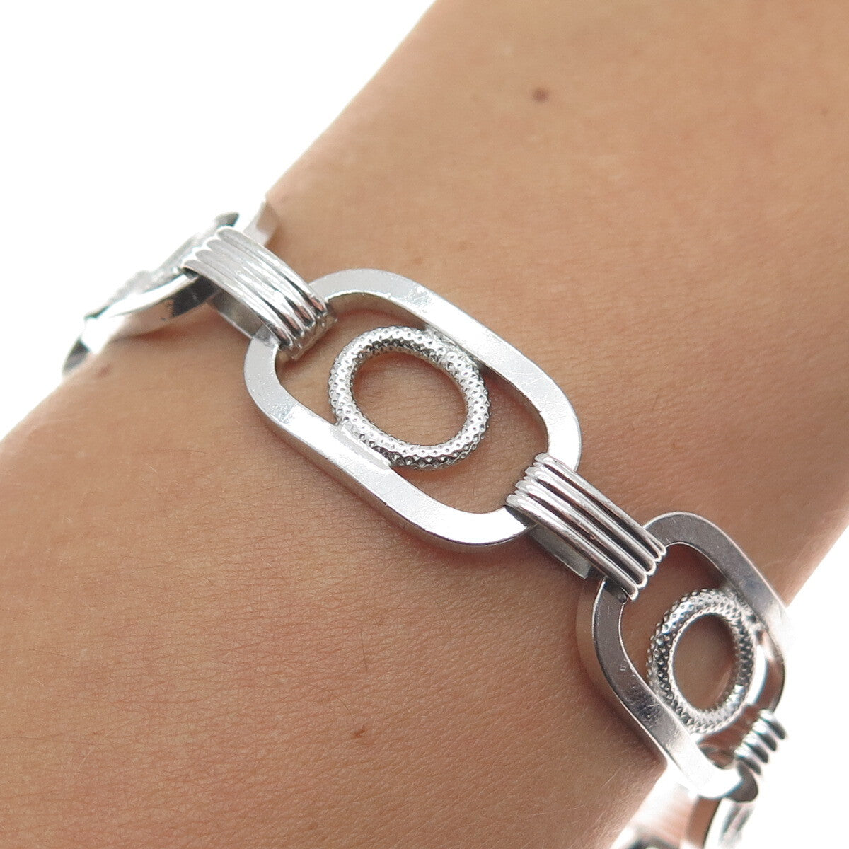 UNOAERRE 925 Sterling Silver Vintage Italy Geometric Link Bracelet 6.75"